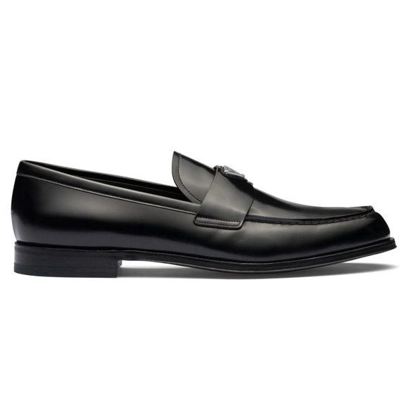 Prada Black Brushed Leather Triangle Logo Classic Loafer SlipOn Flat UK 12 US 13 main image 5